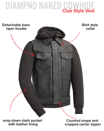 Kent Mens Motorcycle Leather Vest and Hoodie - First MFG Co