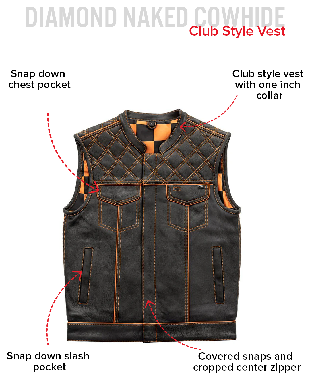 Finish Line - Orange Checker - Men's Motorcycle Leather Vest Men's Leather Vest Vests
