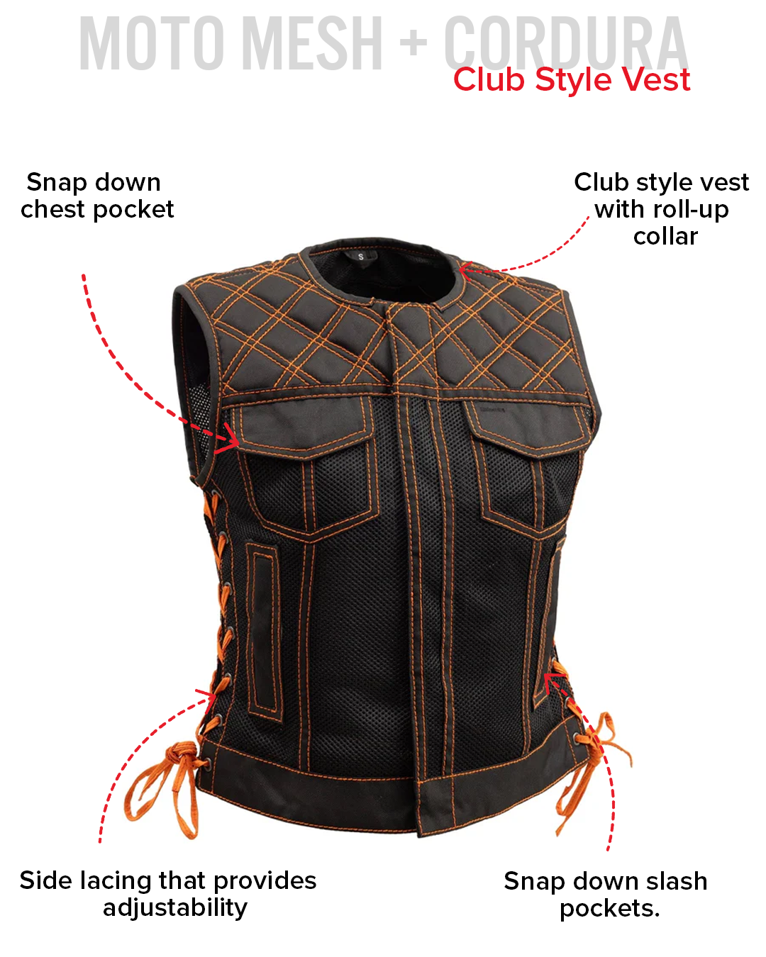 Bonnie Moto Mesh Women's Motorcycle Vest - Diamond Quilt Women's Moto Mesh Vest Vests