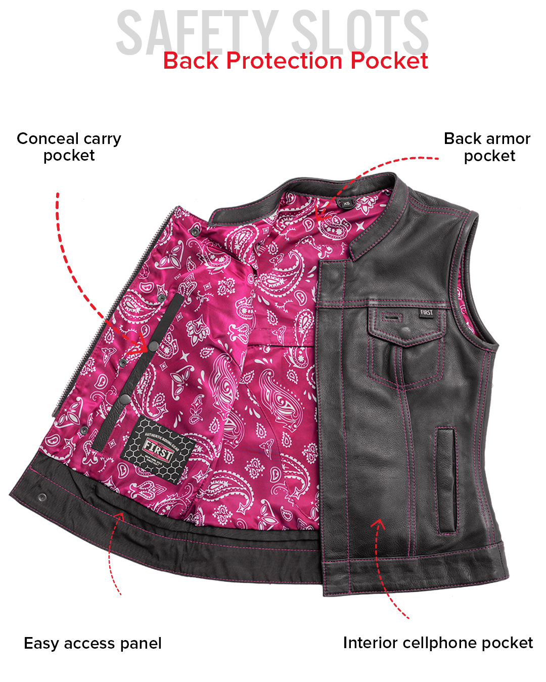 Jessica Women's Motorcycle Leather Vest - Pink - Limited Edition Women's Leather Vest Vests