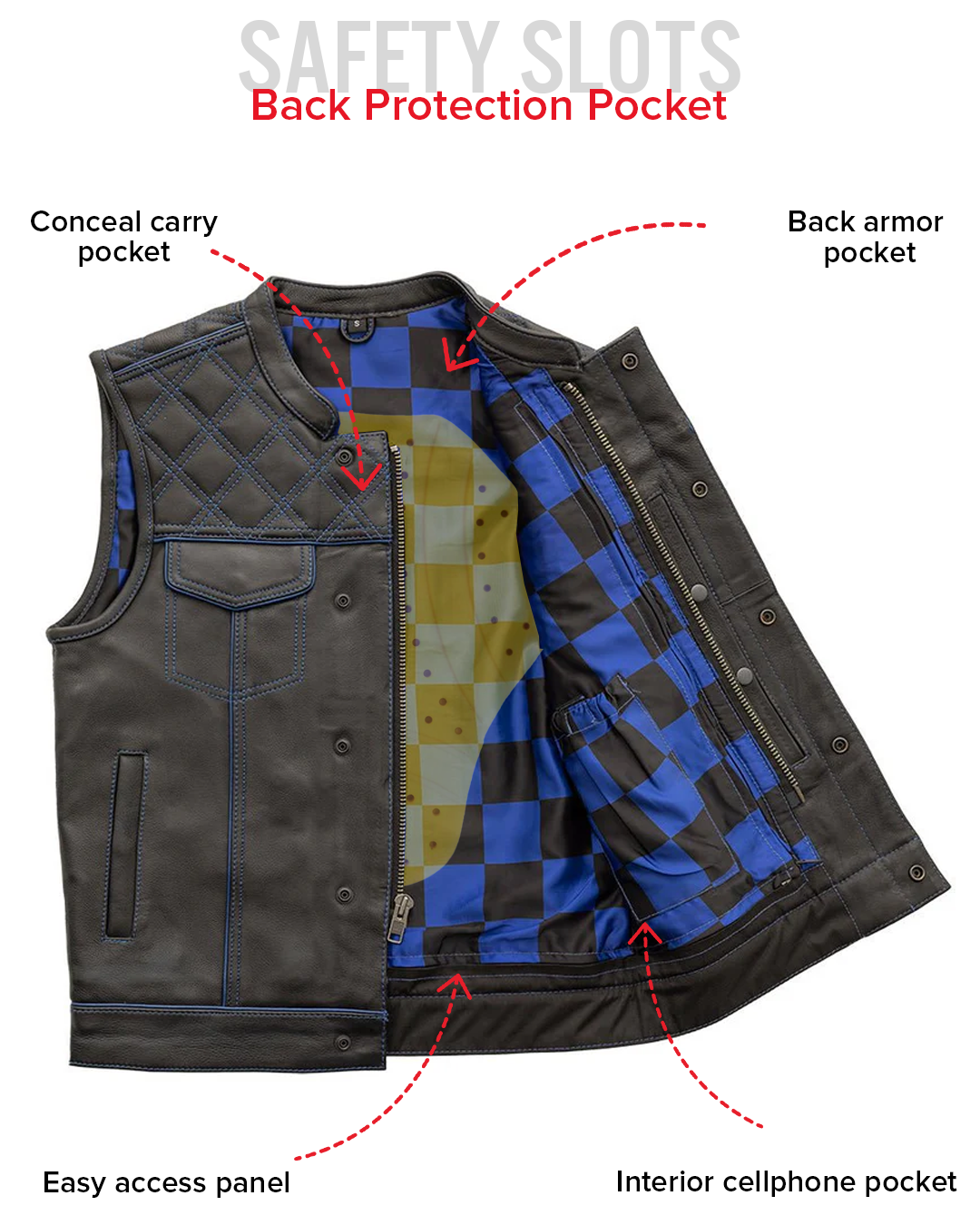 Finish Line - Blue Checker - Men's Motorcycle Leather Vest Men's Leather Vest Vests