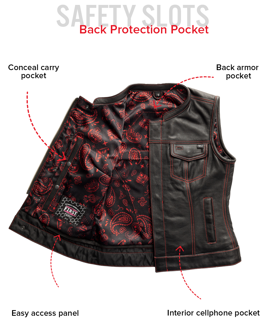 Jessica Women's Motorcycle Leather Vest - Black/Red - Limited Edition Women's Leather Vest Vests