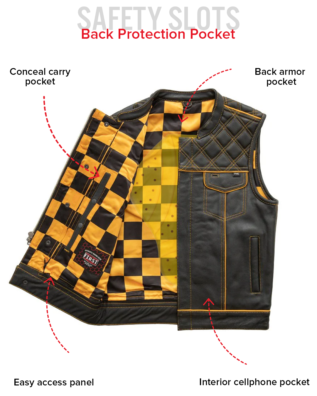 Finish Line - Gold Checker - Men's Motorcycle Leather Vest Men's Leather Vest Vests