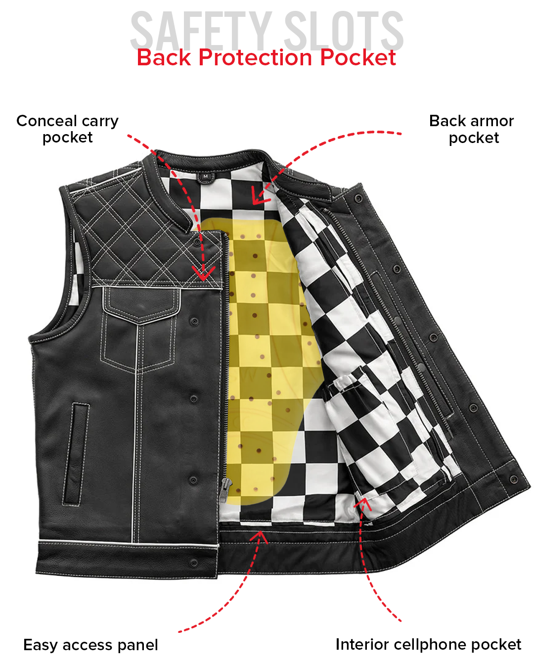 Finish Line - White Checker - Men's Motorcycle Leather Vest Men's Leather Vest Vests