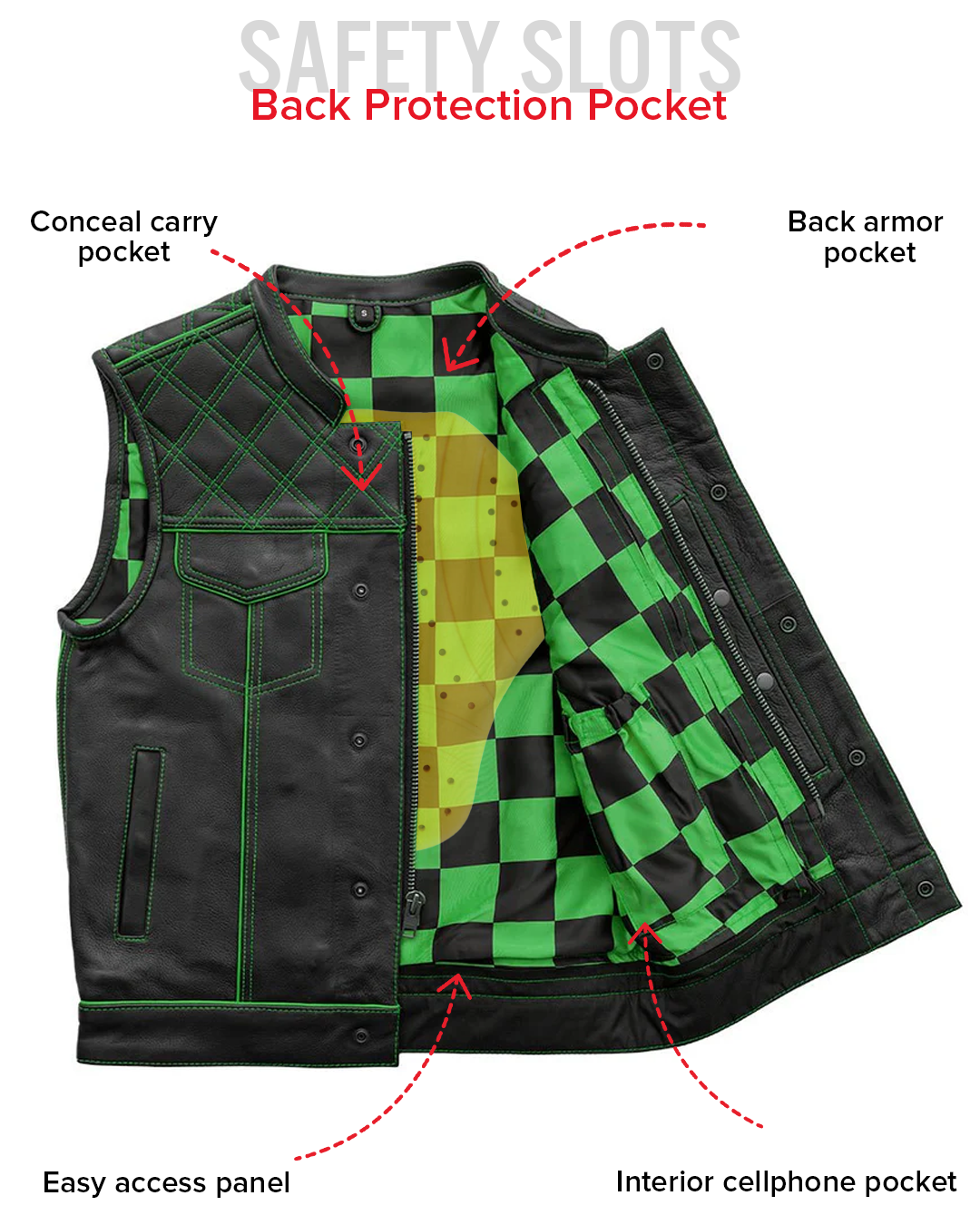 Finish Line - Green Checker - Men's Motorcycle Leather Vest Men's Leather Vest Vests