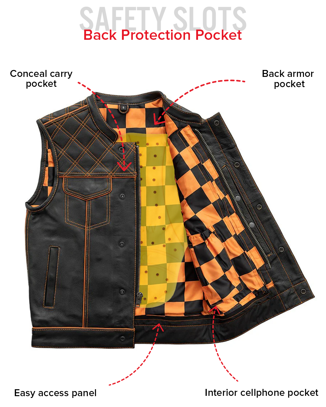 Finish Line - Orange Checker - Men's Motorcycle Leather Vest Men's Leather Vest Vests