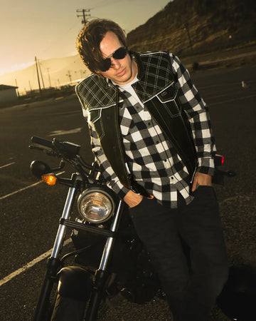 じ*ん様 Rich i LETHER VEST サイズフリー Finish Line - White Checker - Men's Motorcycle Leather Vest