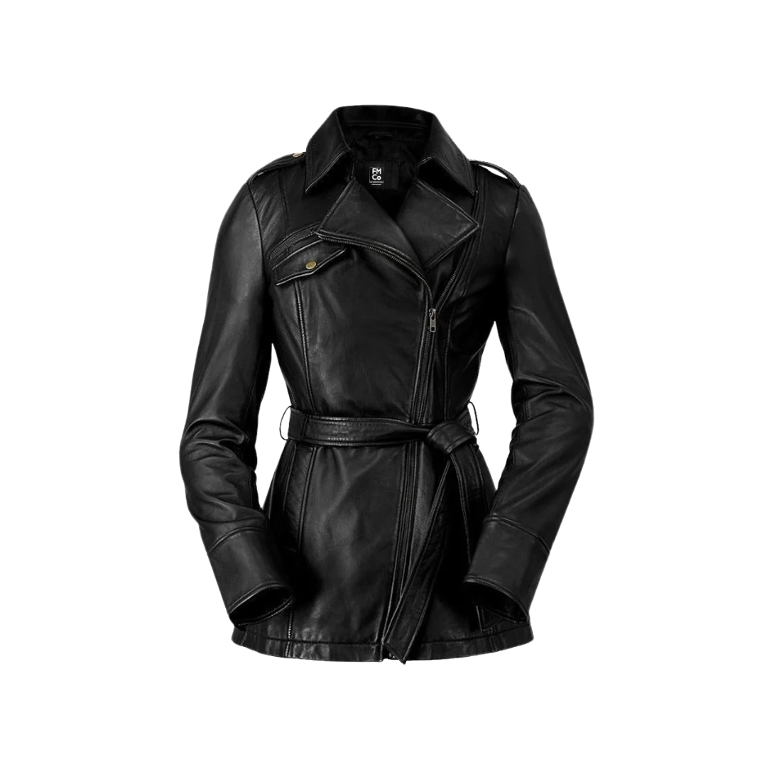 Traci Leather Trench Coat Women's Leather Jacket FMCo Black XS 