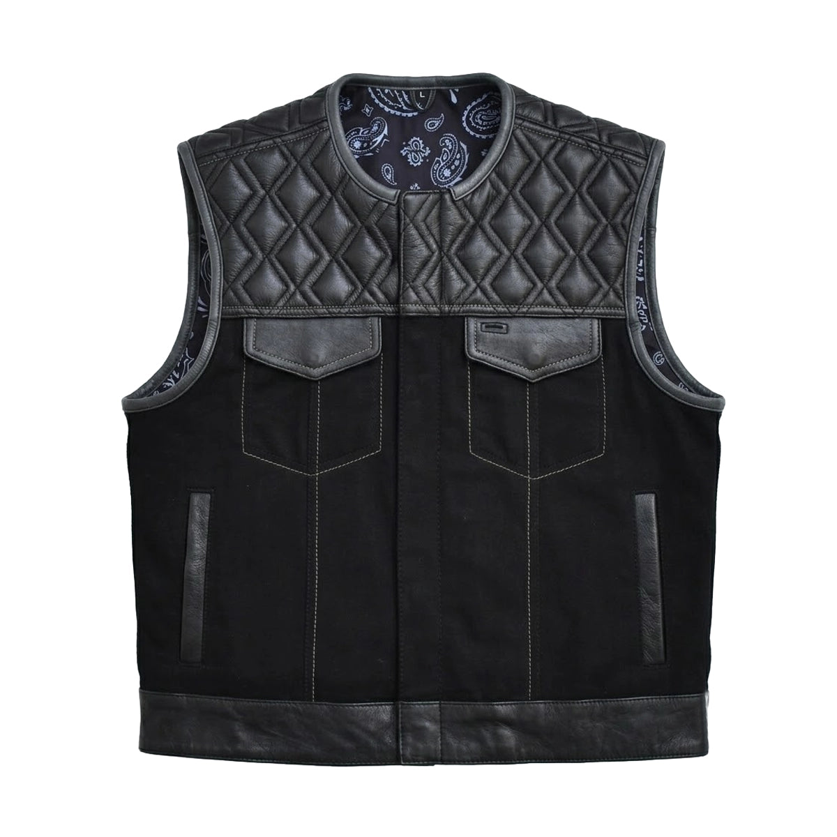 Xroad - Men's Black Twill & Leather Motorcycle Vest Men's Leather Vest Vests