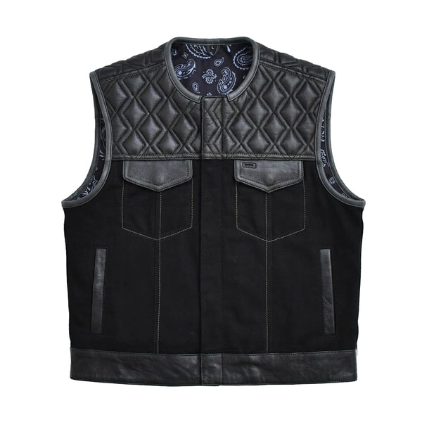 Xroad - Men's Black Twill &amp; Leather Motorcycle Vest Men's Leather Vest Vests