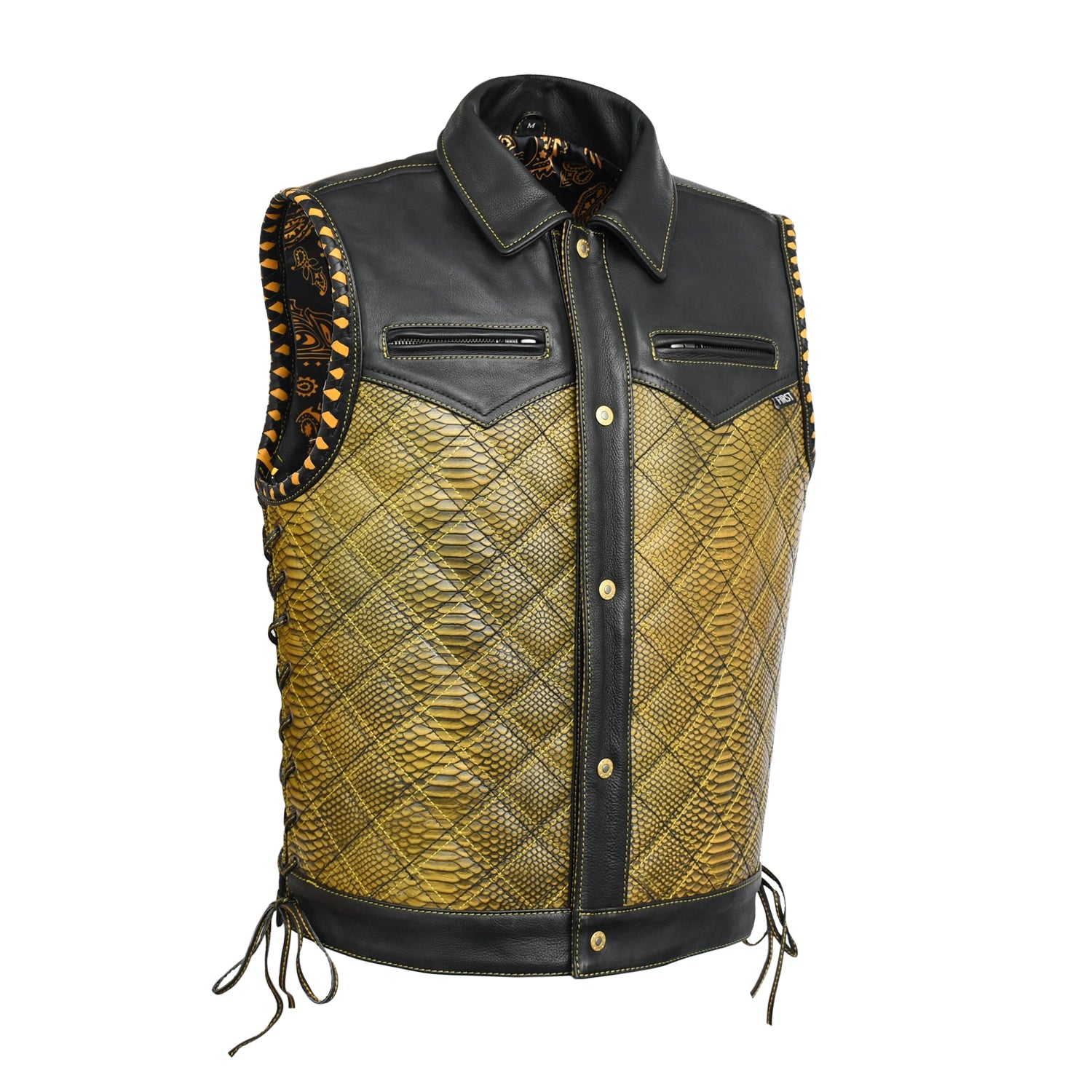 Kingsnake Men’s Motorcycle Leather Vest Men's Leather Vest Vests BLACK GOLD S