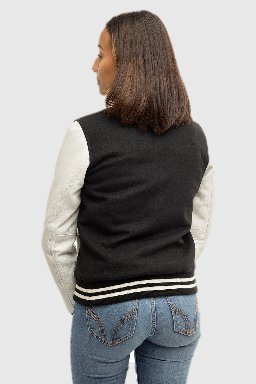 Sarah - Women's Varsity Jacket - White Leather Sleeves  FMCo   