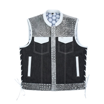 Men's Croc Texture Leather/Denim Motorcycle Vest