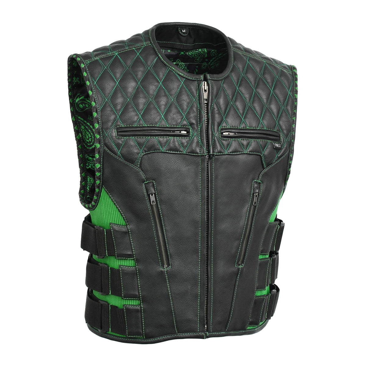 Tactical Emerald Men’s Motorcycle Leather Vest Men's Leather Vest Vests BLACK/GREEN XS