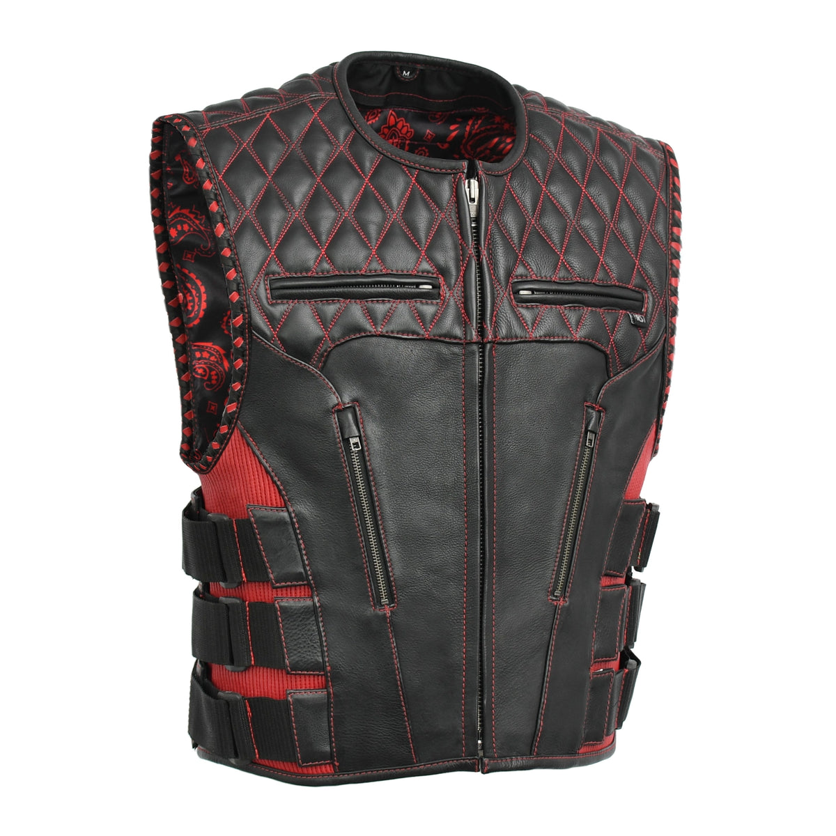 Tactical Emerald Men’s Motorcycle Leather Vest Men's Leather Vest Vests BLACK/FIRE RED XS