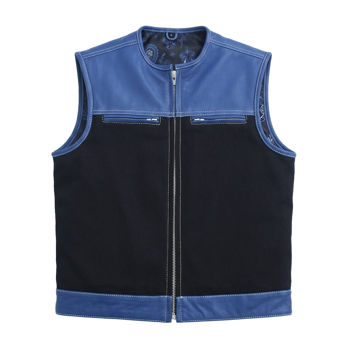 Ironclad - Men’s Blue&Black Leather/Canvas Motorcycle Vest Men's Leather Vest Vests