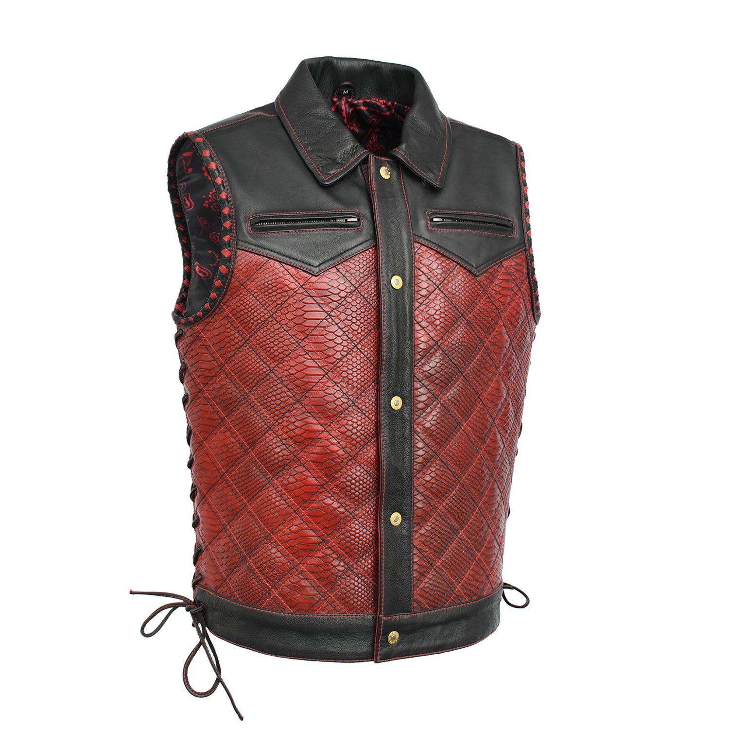 Kingsnake Men’s Motorcycle Leather Vest Men's Leather Vest Vests RED/BLACK S