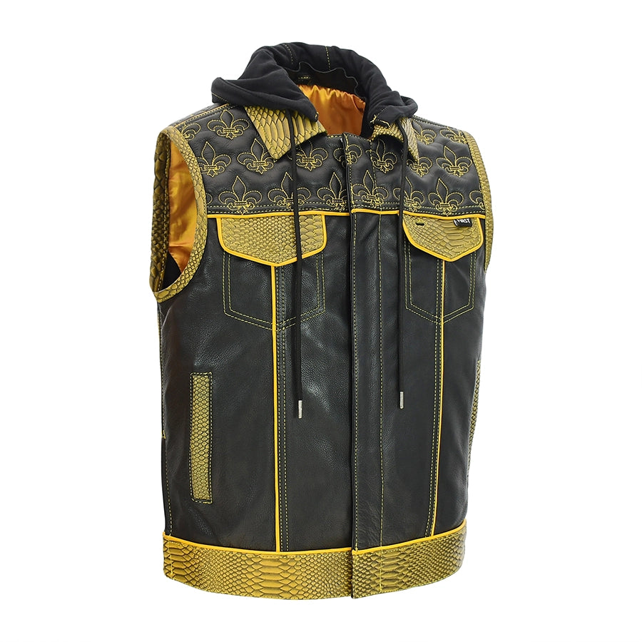 Dynasty Men's Club Style Leather Biker Vest Men's Leather Vest First Manufacturing Company Black Gold S