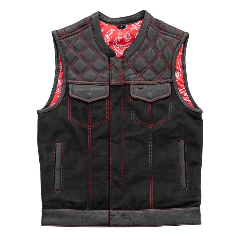 49/51 Wolf Pack - Men's Leather/Canvas Motorcycle Vest (Limited Edition) Factory Customs First Manufacturing Company S Black 