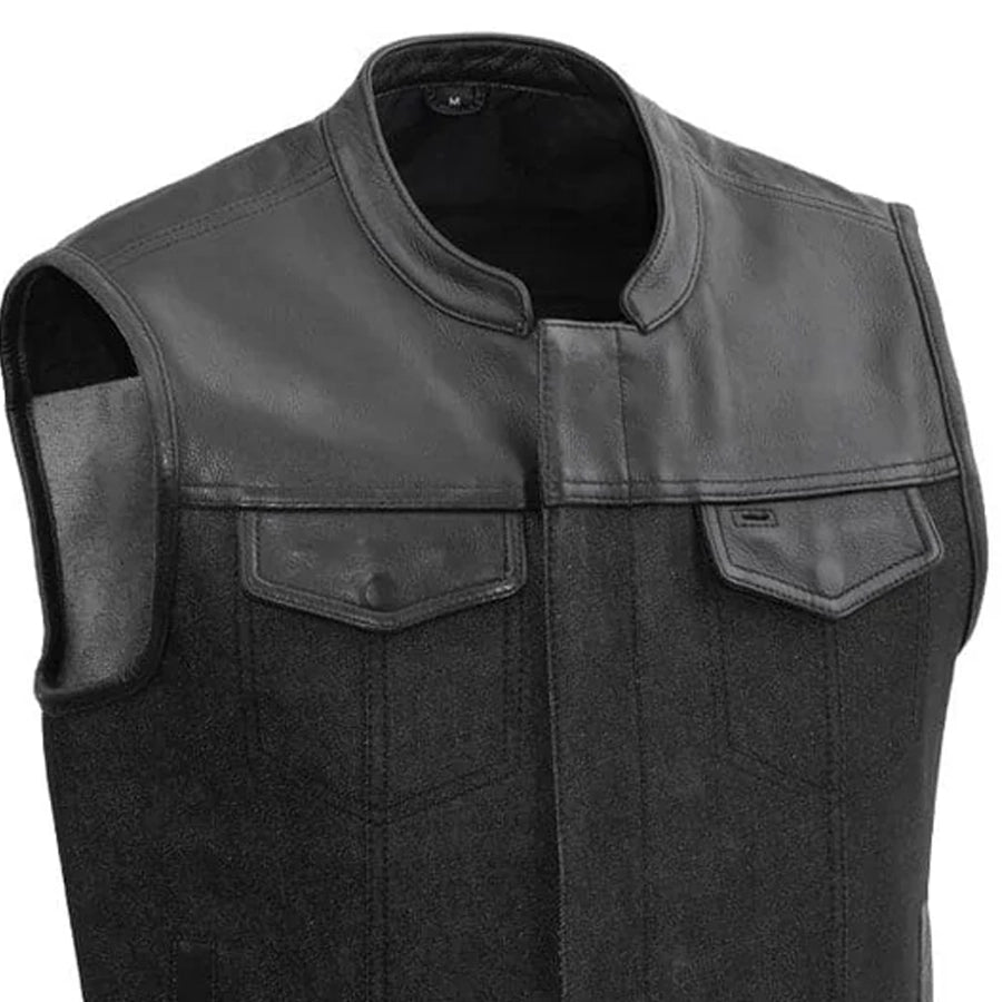 49/51 - Men's Motorcycle Denim/Leather Vest – First MFG CO 49/51 - Men's Motorcycle Denim/Leather Vest – First MFG CO