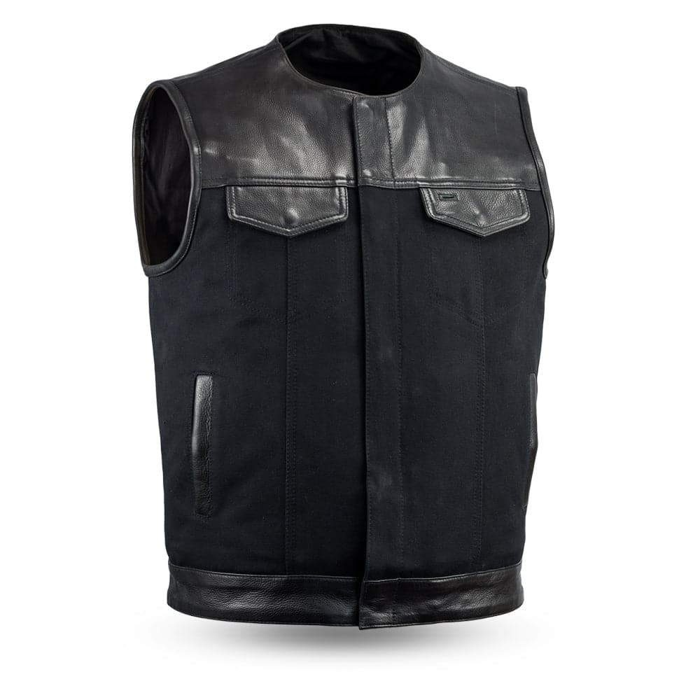 49/51 - No Collar Men's Leather/Canvas Motorcycle Vest Men's Canvas Vests First Manufacturing Company Black S