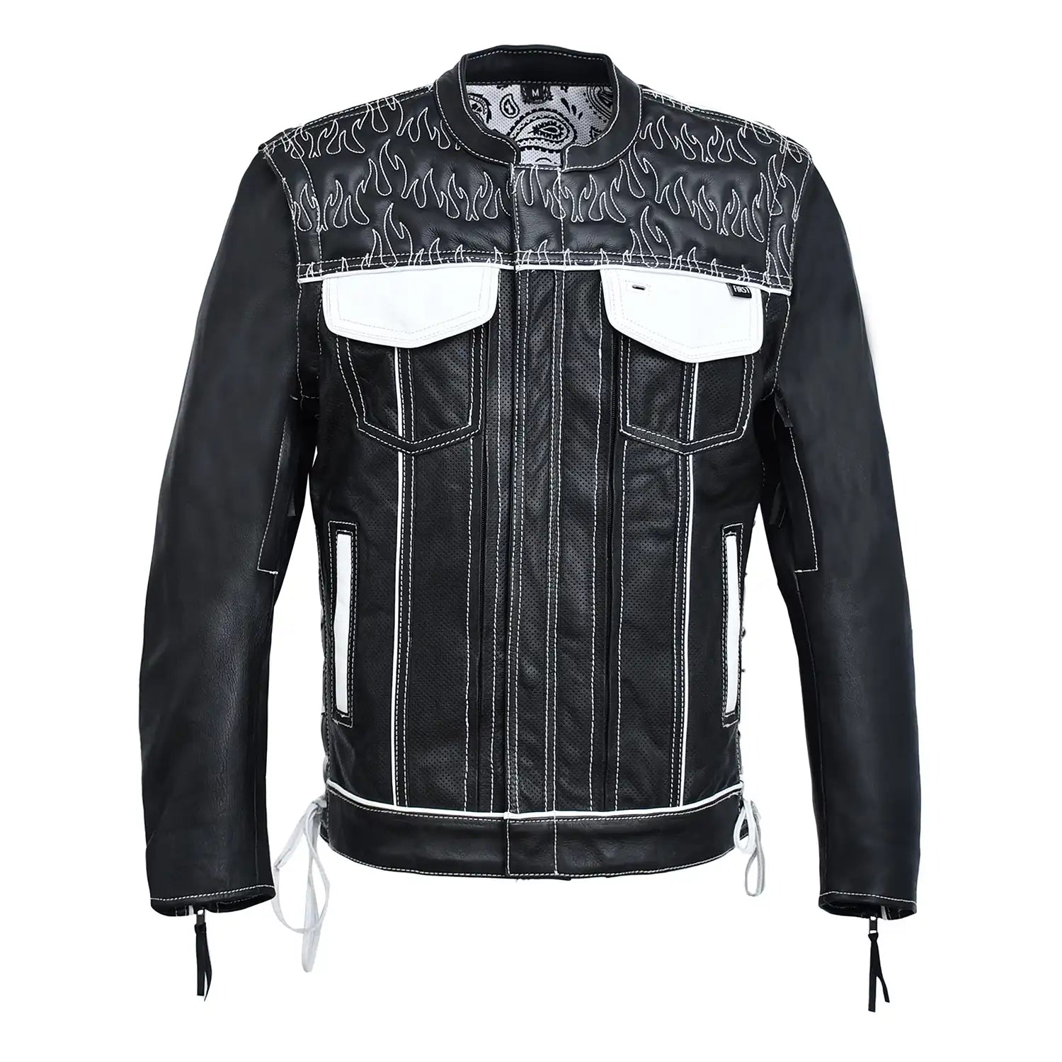 Wildfire Rouge Mens Motorcycle Leather Jacket (Black/White) Men's Leather Jacket First Manufacturing Company Black White S