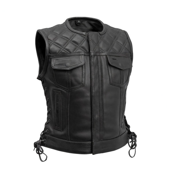 Bonnie - Women's Motorcycle Leather Vest - Diamond Quilt Women's Leather Vest Vests Black XS