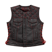Bonnie - Women's Motorcycle Leather Vest - Diamond Quilt Women's Leather Vest First Manufacturing Company Black Red XS 