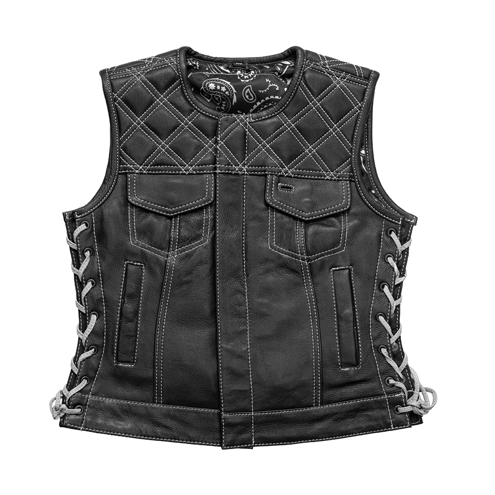 Bonnie - Women's Motorcycle Leather Vest - Diamond Quilt Women's Leather Vest First Manufacturing Company Black White XS 