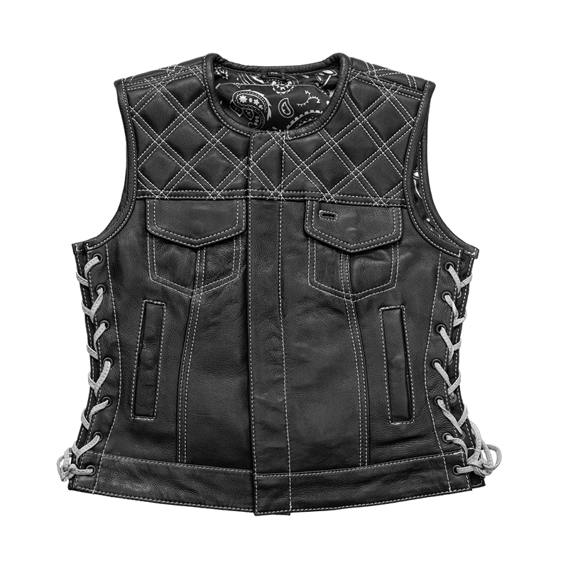 Bonnie - Women's Motorcycle Leather Vest - Diamond Quilt Women's Leather Vest First Manufacturing Company Black White XS 
