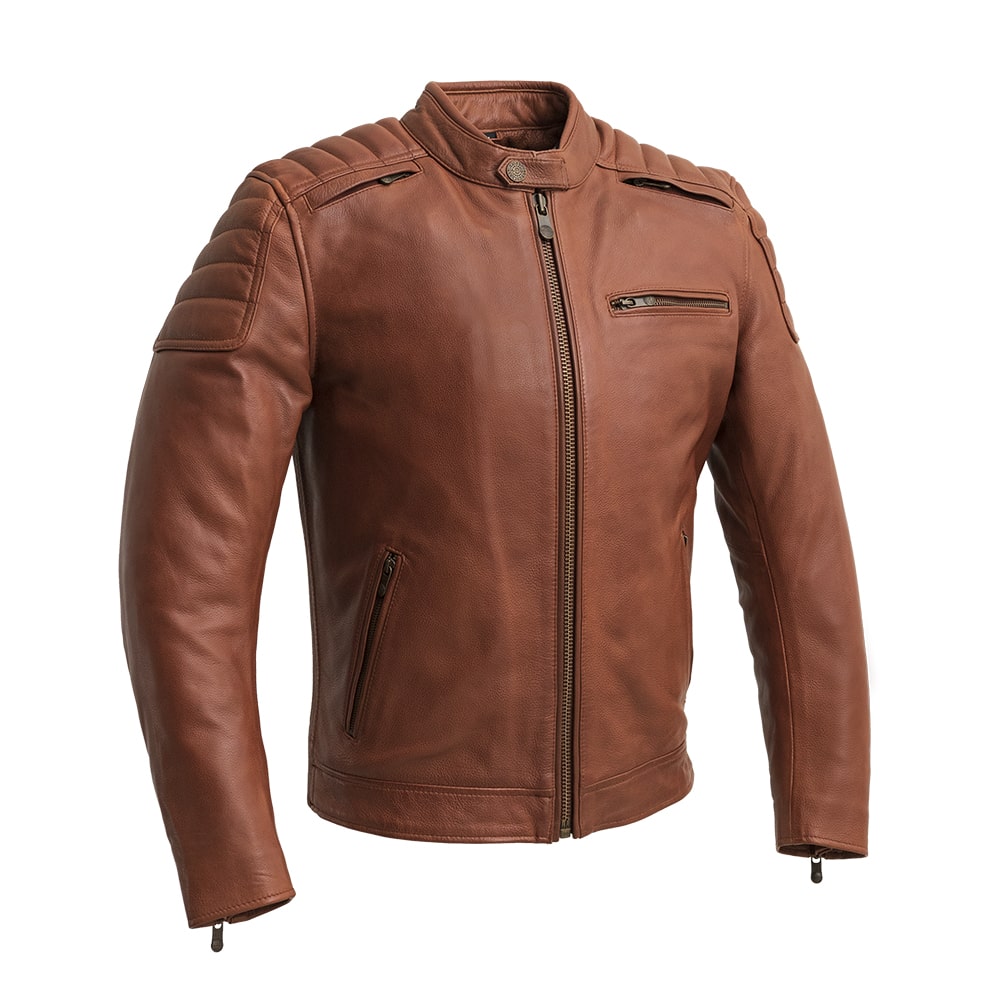 Crusader Men's Motorcycle Leather Jacket - Whiskey Men's Leather Jacket First Manufacturing Company S Whiskey 