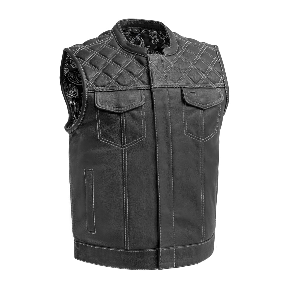 Downside Men's Motorcycle Leather Vest - Black/White Men's Leather Vest First Manufacturing Company S Black/White 