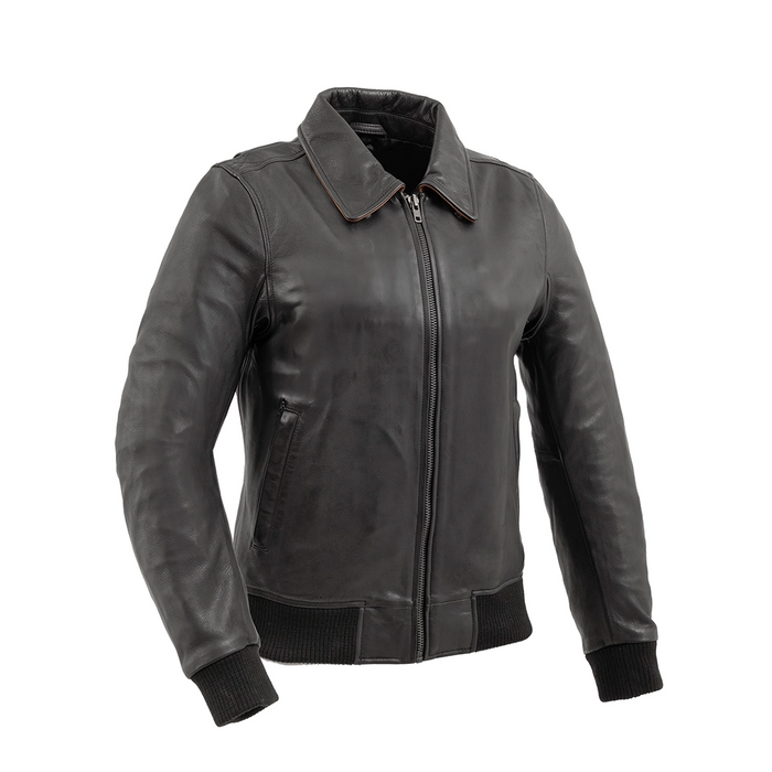 Nancy - Women's Moto Bomber Leather Jacket Women's Bomber Jacket First Manufacturing Company Black Cognac XS 