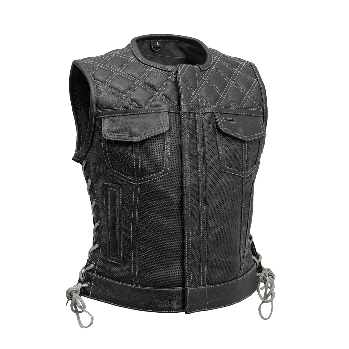 Bonnie Perforated Women's Motorcycle Leather Vest Women's Leather Vest First Manufacturing Company Black Grey XS 