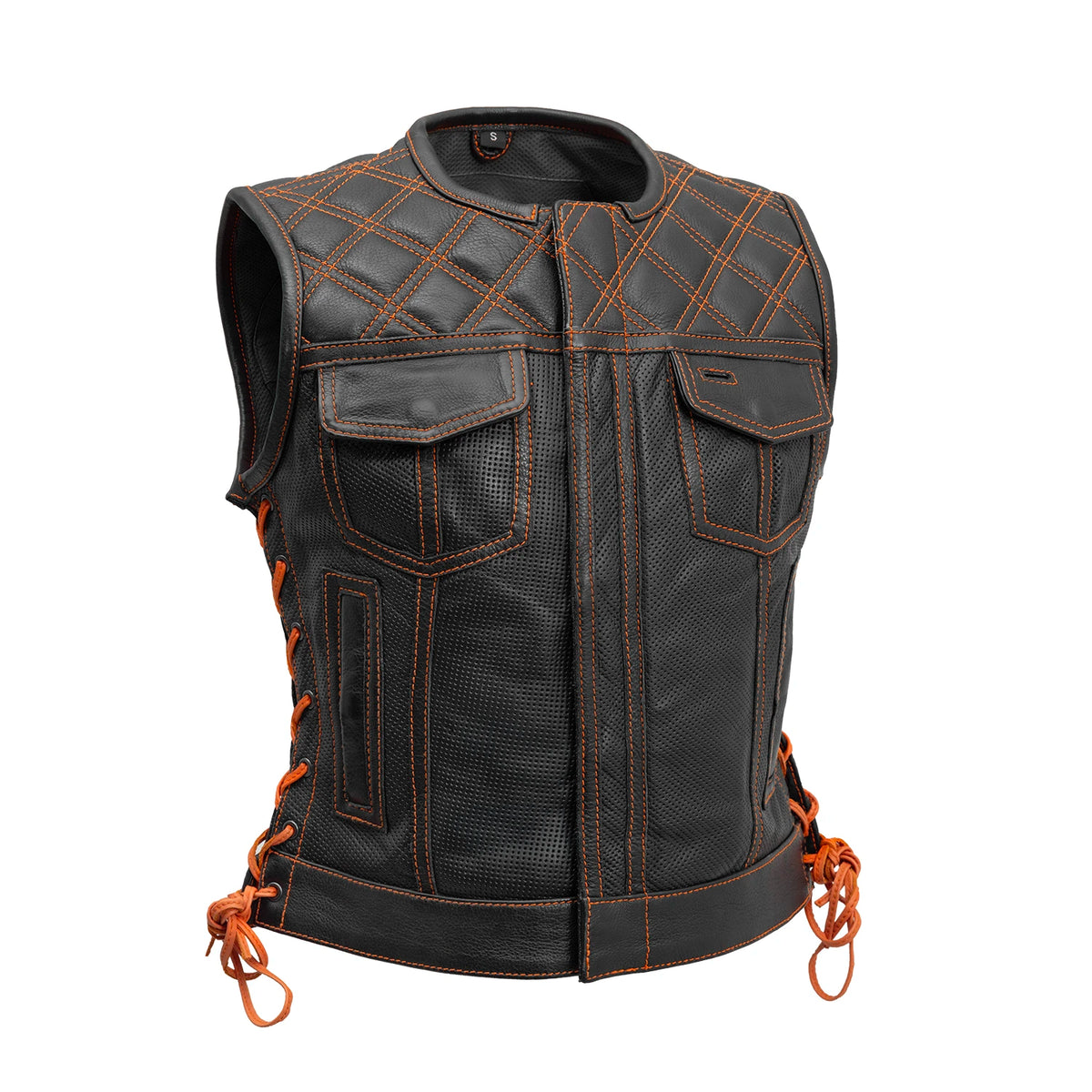 Bonnie Perforated Women's Motorcycle Leather Vest Women's Leather Vest First Manufacturing Company Black Orange XS 