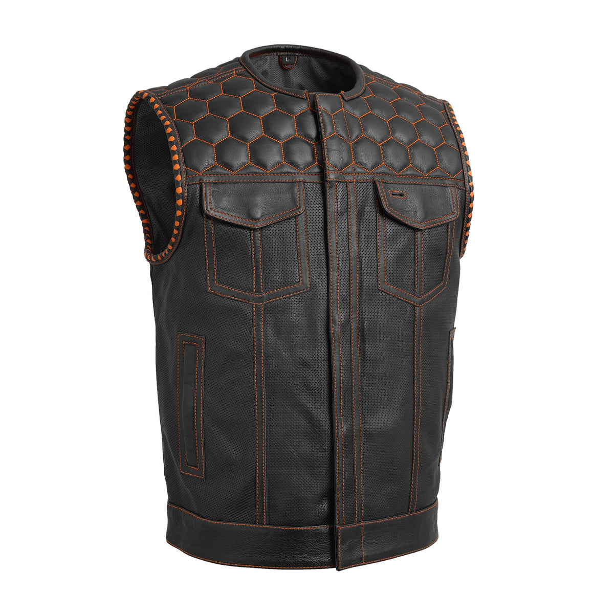 Hornet Perforated Men's Club Style Leather Vest Men's Leather Vest First Manufacturing Company Black Orange S 