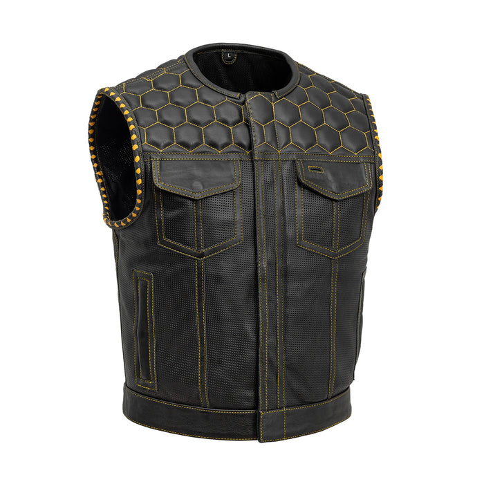 Lowside Hornet Perforated Men's Club Style Leather Vest Men's Leather Vest First Manufacturing Company Black Gold S 