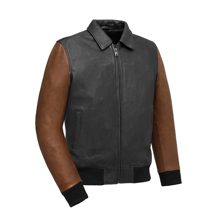 Moto Bomber Two Tone - Men's Leather Jacket Men's Bomber Jacket First Manufacturing Company Black Cognac S 