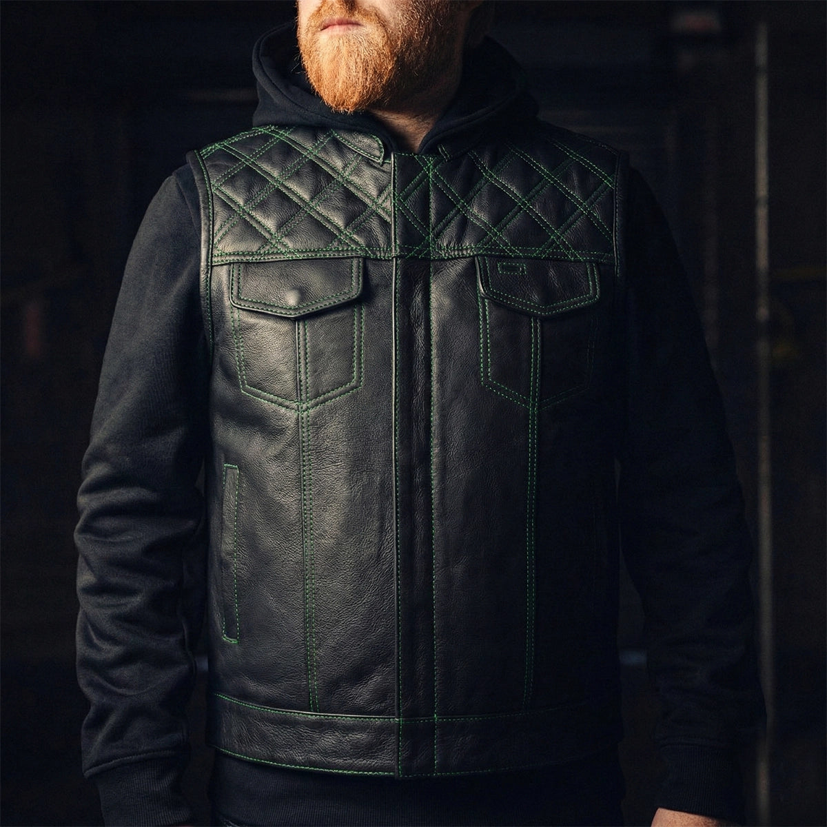 Downside Men's Motorcycle Leather Vest Orange and Green Men's Leather Vest Vests