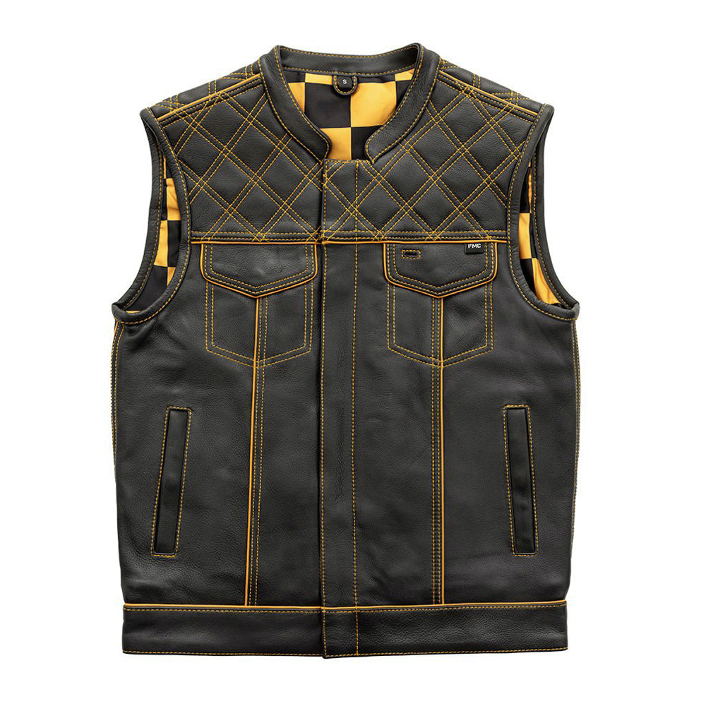 Finish Line - Gold Checker - Men's Motorcycle Leather Vest Men's Leather Vest Vests Black Gold S