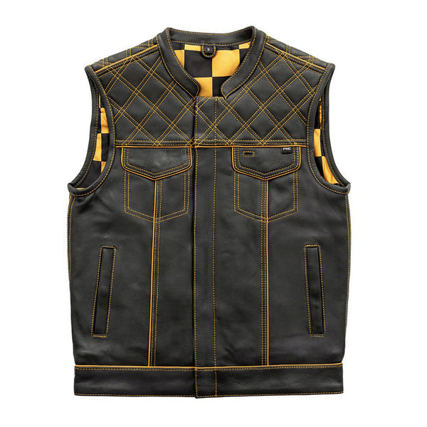 Finish Line - Gold Checker - Men's Motorcycle Leather Vest Men's Leather Vest Vests Black Gold S