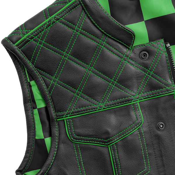 Finish Line - Green Checker - Men's Motorcycle Leather Vest – First 