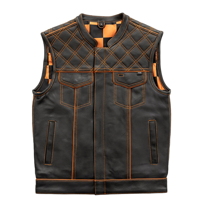 Finish Line - Orange Checker - Men's Motorcycle Leather Vest Men's Leather Vest First Manufacturing Company S Black/Orange Leather