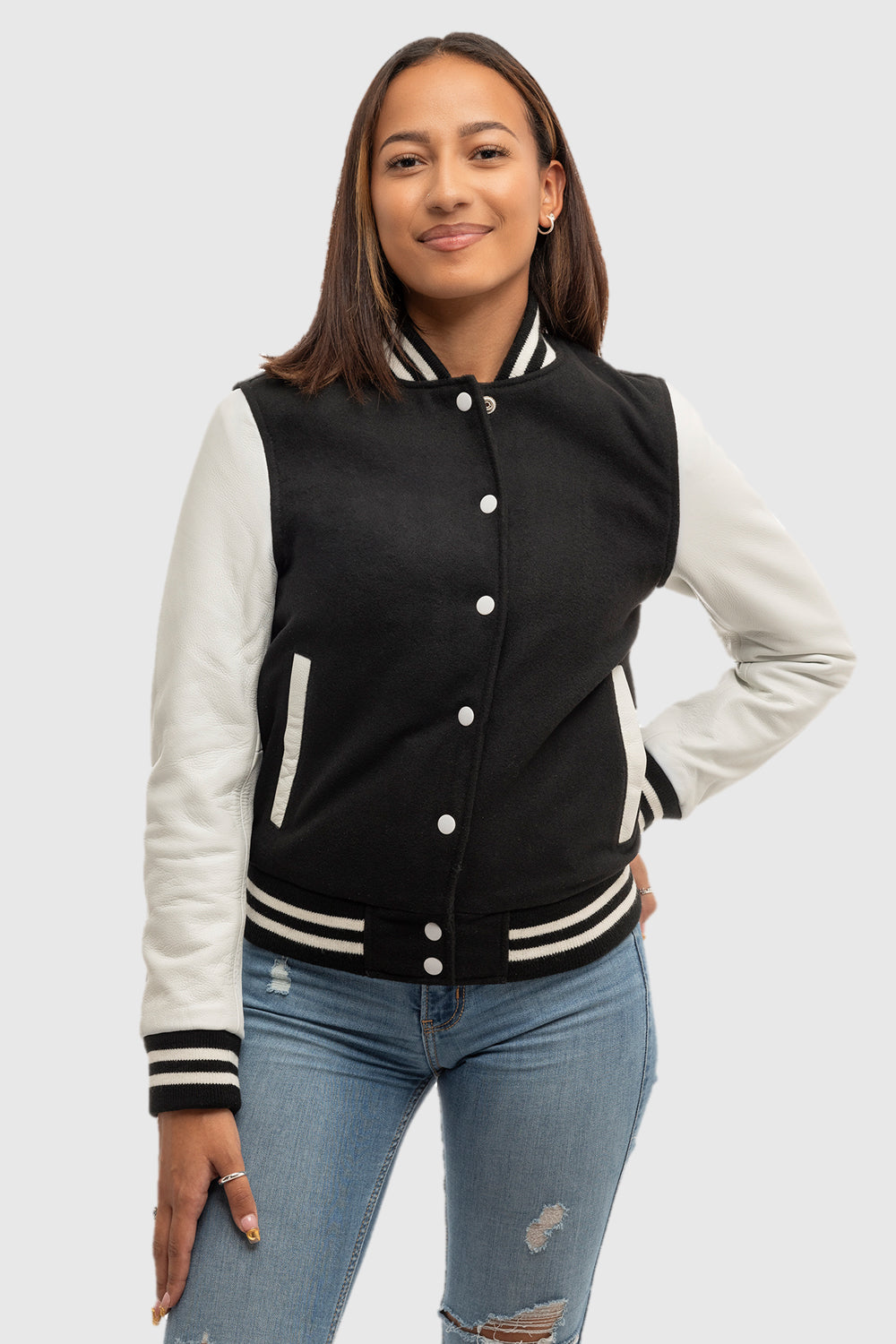 Sarah - Women's Varsity Jacket - White Leather Sleeves  FMCo   