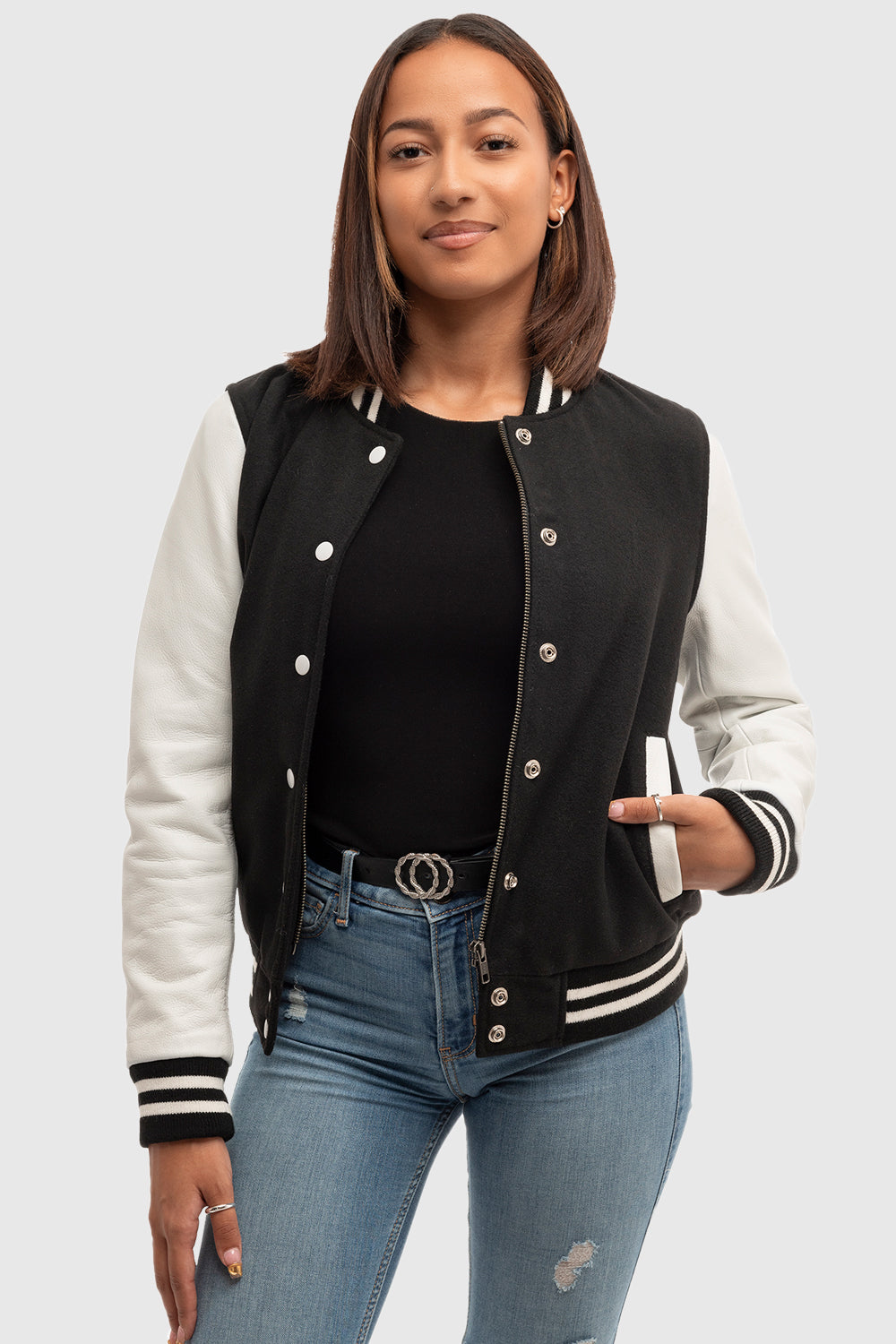 Sarah - Women's Varsity Jacket - White Leather Sleeves  FMCo   