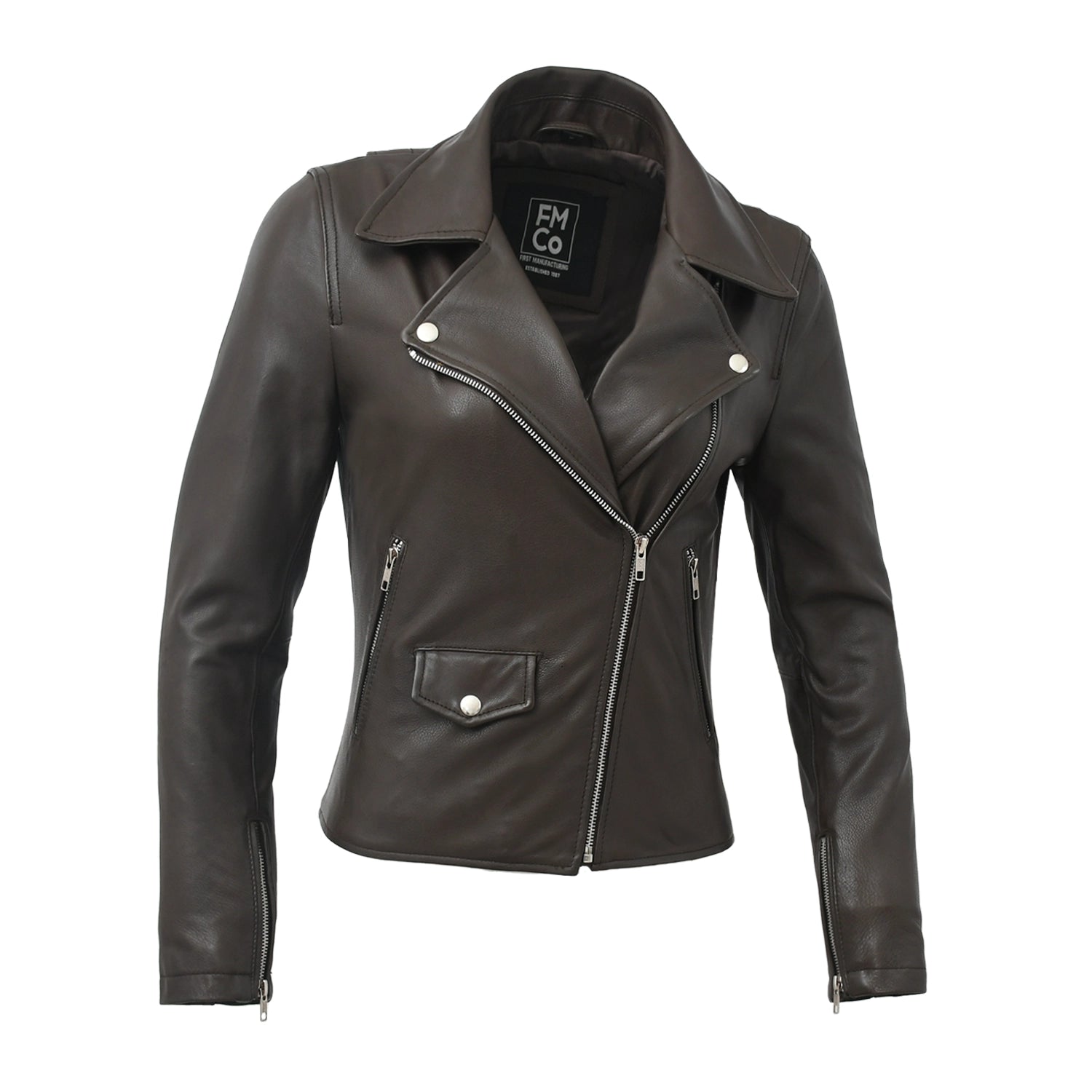 Lennox  Moto Style Leather Jacket Women's Fashion Leather Jacket FMCo Dark Brown XS 