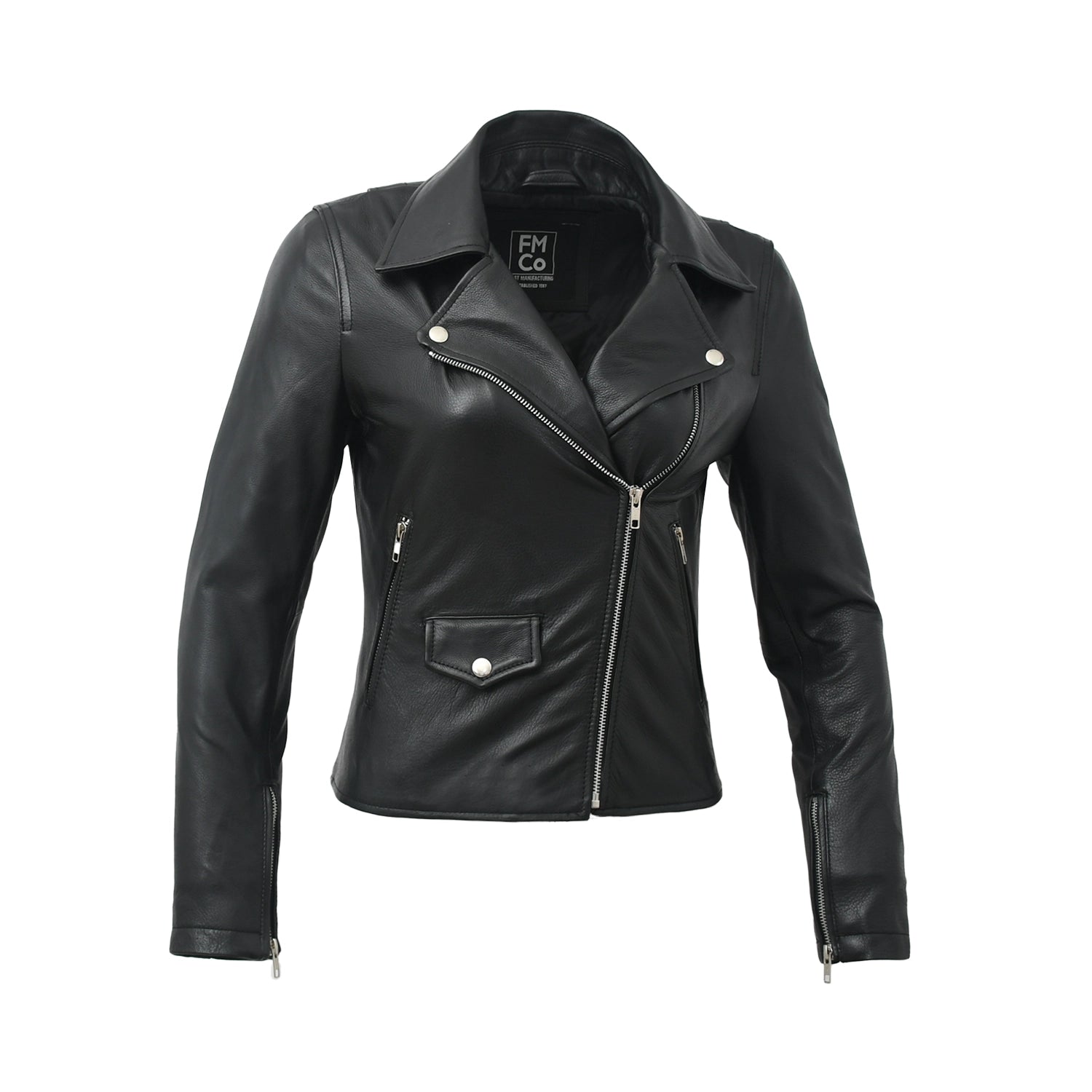 Lennox  Moto Style Leather Jacket Women's Fashion Leather Jacket FMCo Black XS 