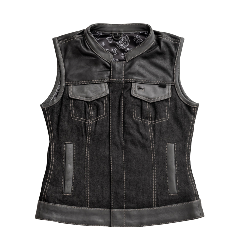 Women's Single Back Panel Concealed Carry Black Denim Vest | Virginia City  Motorcycle Company