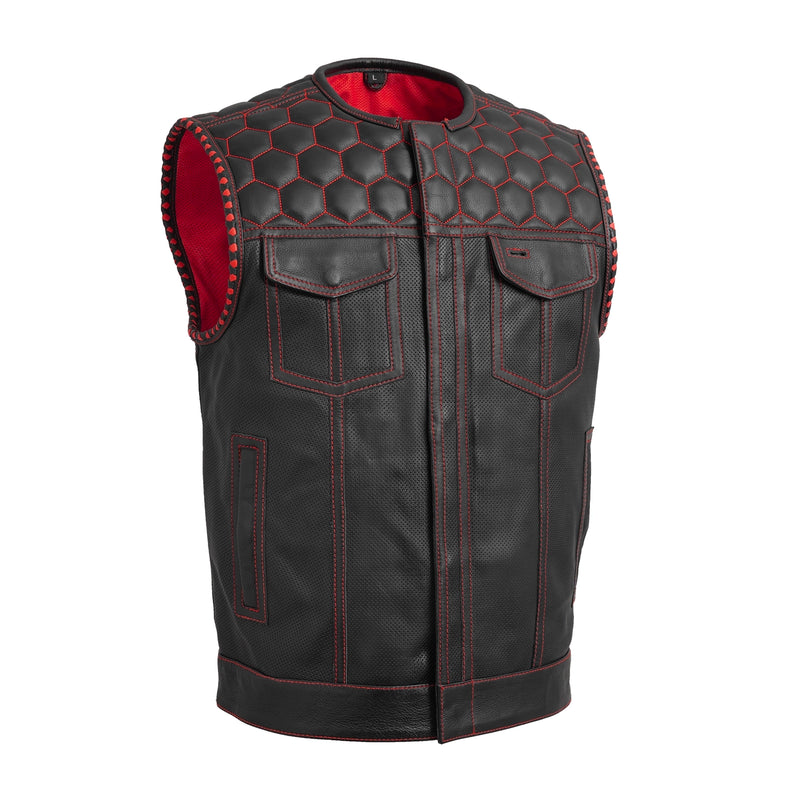 Hornet Perforated Men's Club Style Leather Vest Men's Leather Vest First Manufacturing Company Black Red S 
