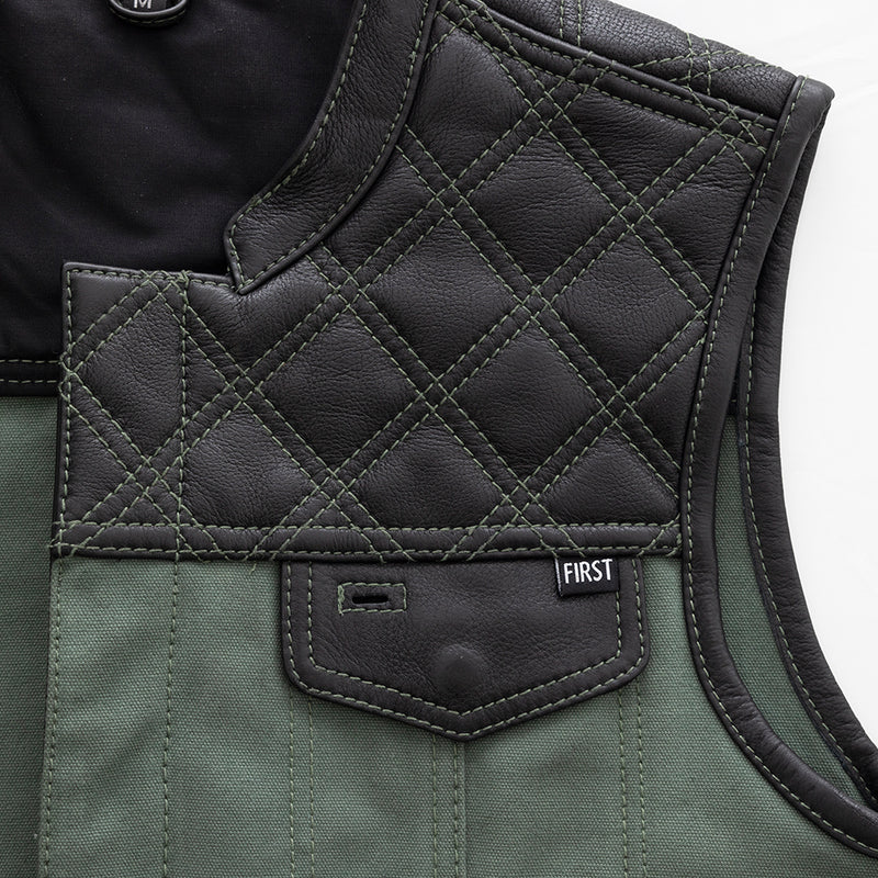Hunt Club Motorcycle Leather Canvas Vest Green Men's Canvas Vests First Manufacturing Company   